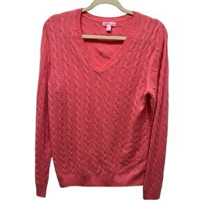 Lilly Pulitzer Womens XL Cable Knit V-Neck Sweater 100% Cashmere Pink